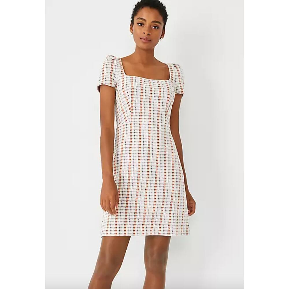 NWT Ann Taylor Madras Plaid Puff Sleeve Flare Dress Size 10